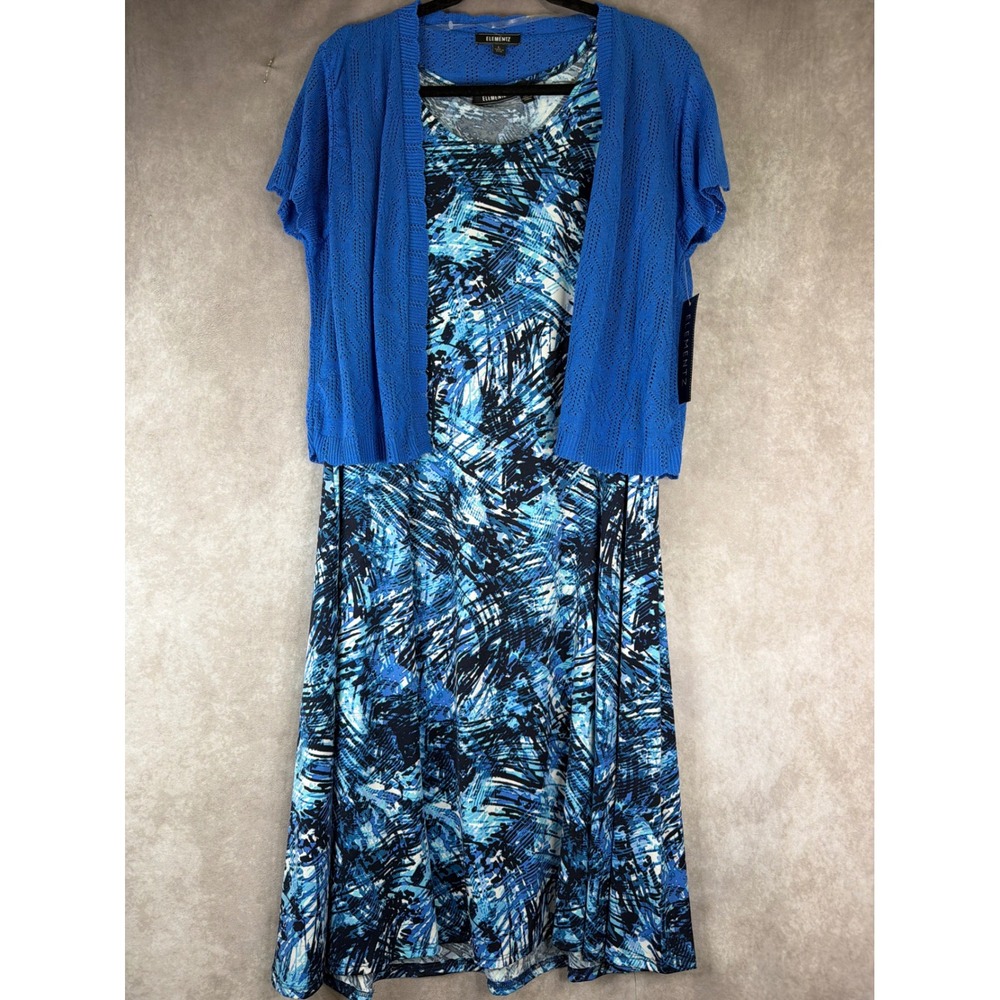 NWT VTG Elementz Dress Set Womens Large Blue Abstract Midi 2-Piece Cardigan